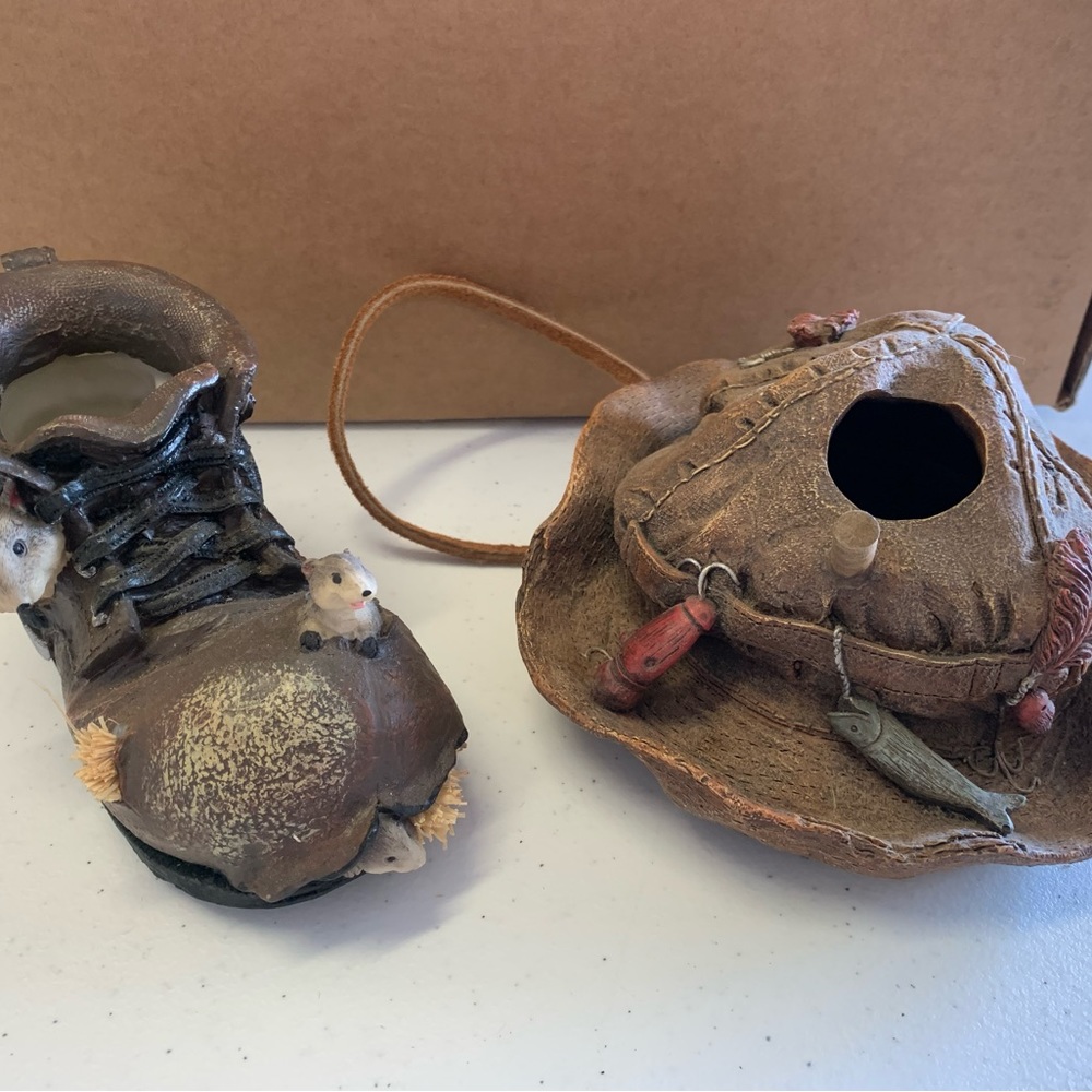 Fishing hat and old boot ceramic figurines